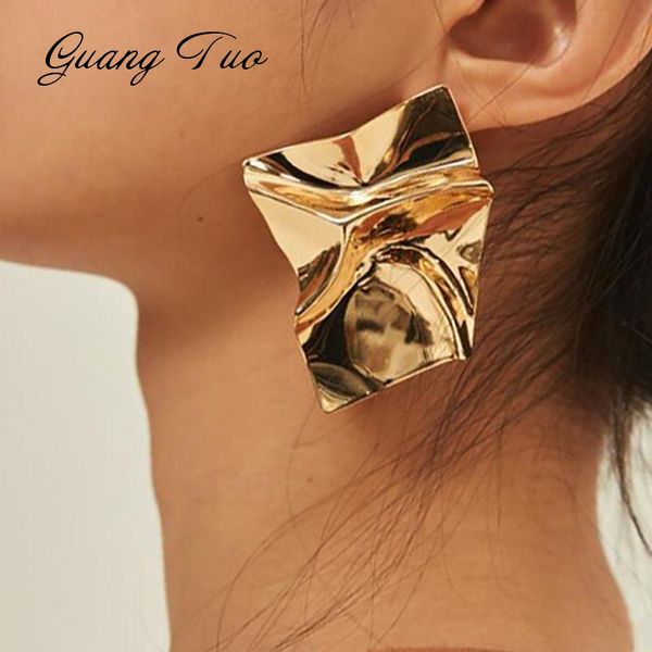

es2033 metal irregular geometric folded earrings for women european exaggerated alloy earrings party fashion jewelry brincos, Golden;silver