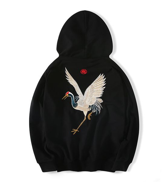 

Fashion Loose Hooded Pullover Sweatshirt Men Women Clothes Red-crowned Crane Embroidery Print Brand Hoodies Lovers High Street Hoodie