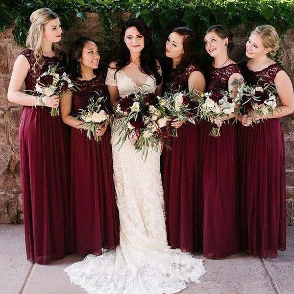 

burgundy chiffon bridesmaid dresses elegant lace sleeveless pleated floor length a line garden wedding party gowns, White;pink
