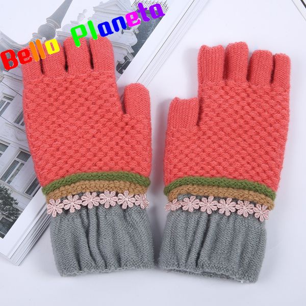 

2018 winter half finger fingerless gloves new ladies imitation cashmere floral gloves touch screen students thanos, Blue;gray