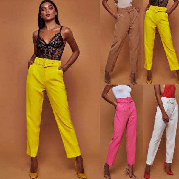

fashion women high waist pants 2018 new casual office sashes belt solid pant work long pencil trousers s-xl, Black;white