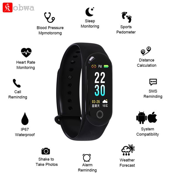 

kobwa m30 smart bracelet band ip67 waterproof wristband heart rate monitor blood pressure bracelet fitness tracker pk mi band 3