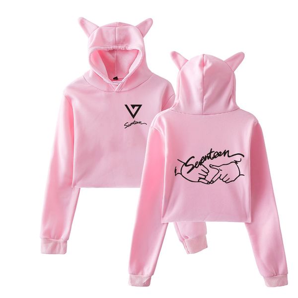 

korea seventeen17 group women's new autumn short hoodies cat ears cap exposed navel kawaii sweatshirt kpop hip hop coats, Black