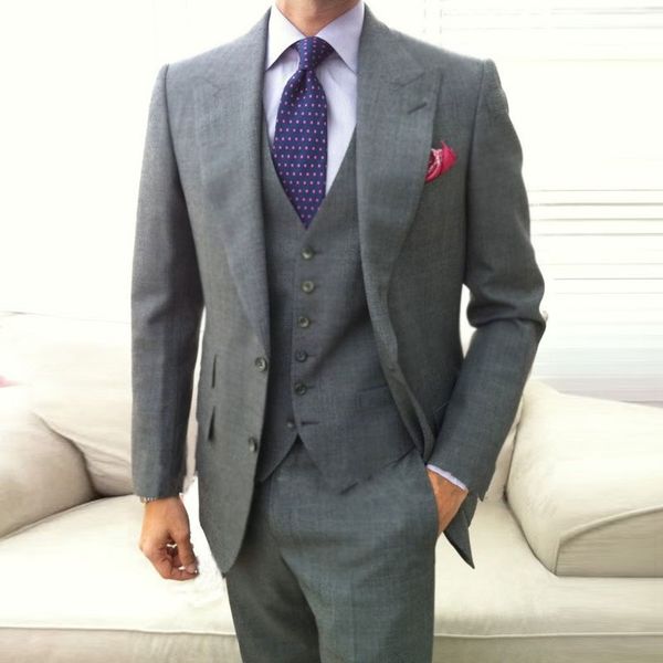 

men suits grey groom tuxedos slim wedding suits big peaked lapel groomsmen suits bridegroom wear man blazers 3 piece jacket pants vest, Black;gray