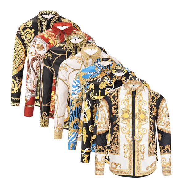 

2018 autumn and winter long-sleeved casual shirt men's printed dress shirt color printed Slim MedusaGold chain dog rose print shirt