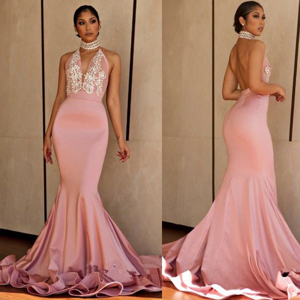 

pink mermaid prom beaded halter evening dress open back mermaid formal party gowns, Black