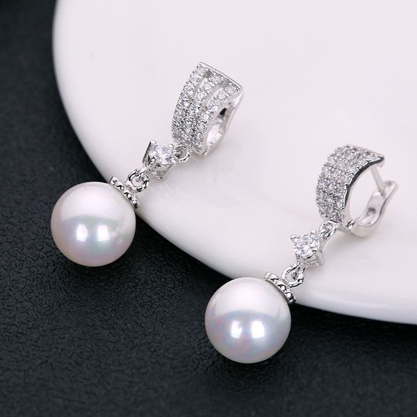 

clip earrings for women sterling s925 silver freshwater pearls round cubic zirconia brincos temperament eardrop fine jewelry, Golden;silver