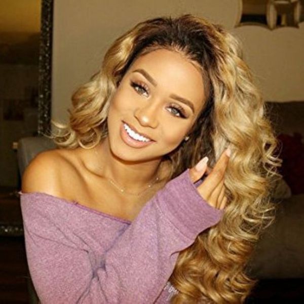 

brazilian ombre body wavy glueless full lace human hair wigs 1b 27 honey blonde two tone lace front wigs 130 density bleached knots, Black;brown