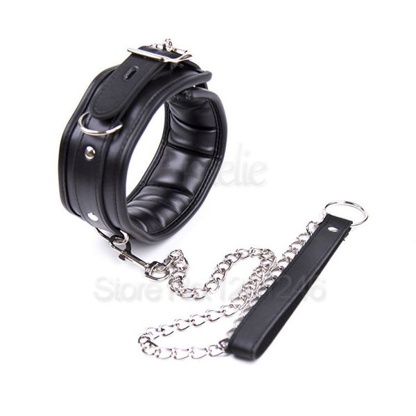 BDSM Couro Collar Escravo Cinturão Escravidão Com Cadeias Pode Bloqueável, Fetiche Produtos Do Sexo Erótico Adulto Brinquedos Para A Mulher Homens Casais Y18102405