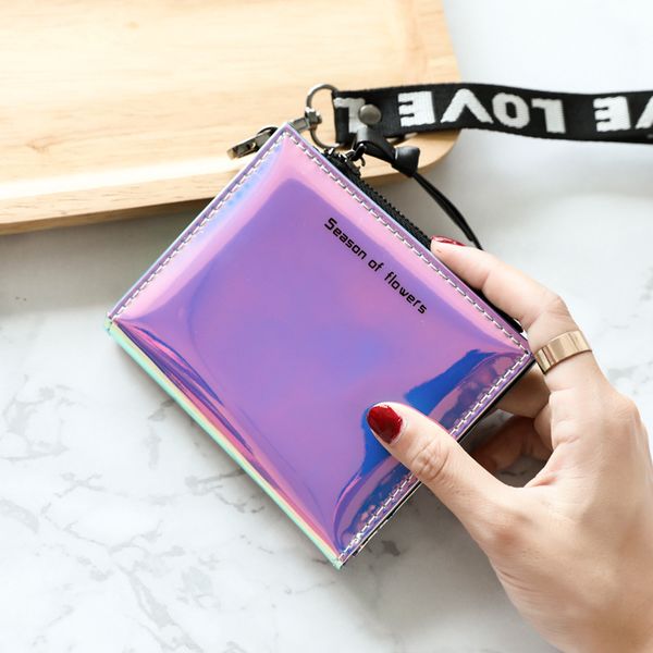 

shining paint leather short wallet women holographic purse metallic color lanyard hologram clutch female fashion luxury purses, Red;black