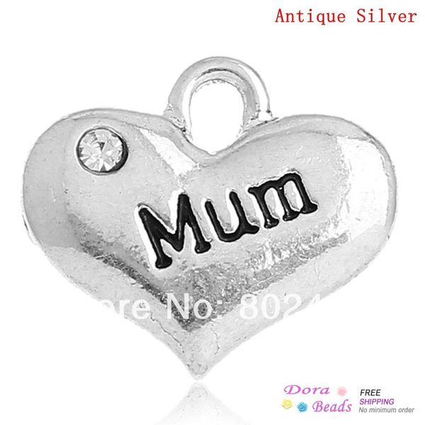 

doreenbeads charm pendants heart antique silver color "mum" message carved clear rhinestone 16x14mm,20pcs (b32655, Black