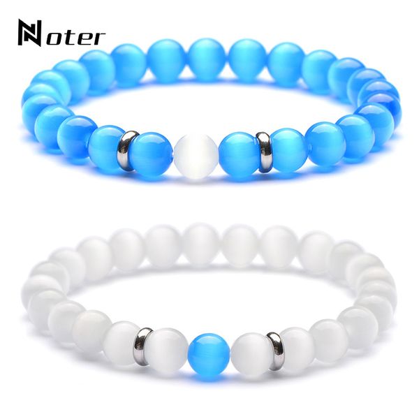 

2pcs/set 8mm opal natural stone bracelet set for women men couple braclet charm white blue color lovers braslet strand chain, Black