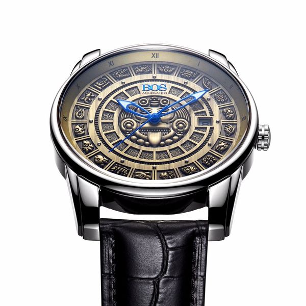 

angela bos retro 3d mayan calendar dial stainless steel automatic mechanical watch luminous men watches, Slivery;brown