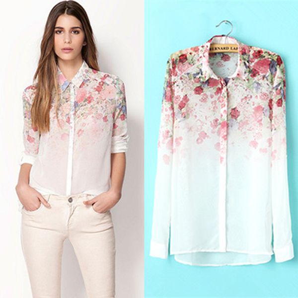 

white spring women fashion blouse flowers printed chiffon shirts spring long sleeve shirts for women size s  l