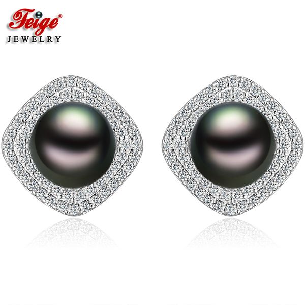 

luxury black pearl stud earrings for women anniversary jewelry 8-9mm freshwater pearls 925 sterling silver earring gifts feige, Golden;silver