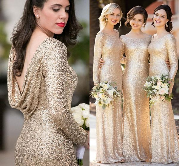 

Sparkly Champagne Sequins Bridesmaid Dresses with Long Sleeve 2018 Plus Size Cloak Back Maid of Honor Wedding Guest Dress Cheap
