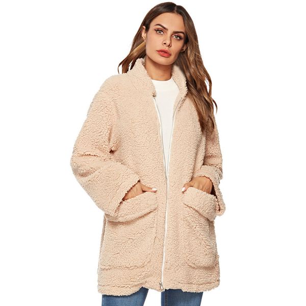 

klv 1pc womens polyester long sleeve ladies warm faux fur coat winter windbreaker beige parka worsted outerwear s/m/l/ z1126, Black