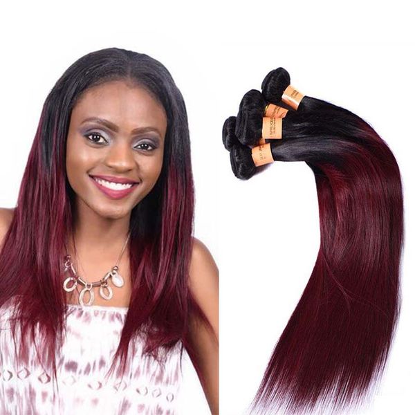 

brazilian burgundy ombre straight hair 4 bundles 1b 99j two tone ombre brazilian remy hair weave red human hair extensions, Black