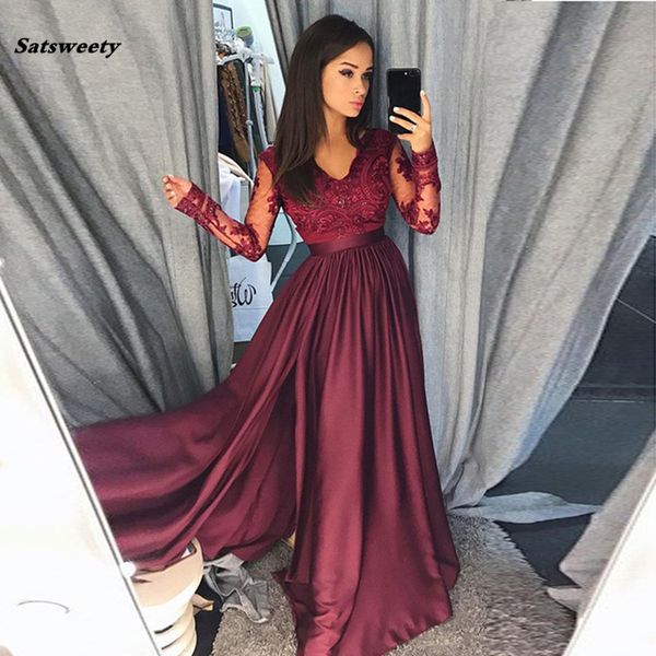 

evening dresses long v neck lace long sleeves satin elegant formal party gowns side split evening gowns robe de soiree, Black;red