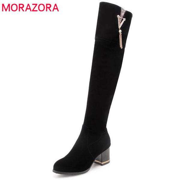 

morazora 2018 new arrival over the knee boots women solid colors winter boots round toe square heels long casual shoes, Black