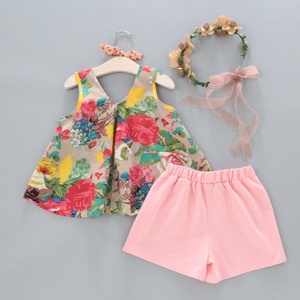 

wholesale kids designer clothes girls 2pcs girl's outfits girls floral tank vest +shorts kid bowknot suit baby girl designer clothes, White