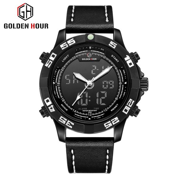

men digital analog wristwatch leather chronograph alarm date display waterproof clock goldenhour watch, Slivery;brown