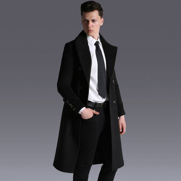 

2018 new winter wool blends long trench coat mens overcoat korean style slim waist belt long jacket men clothing, Black