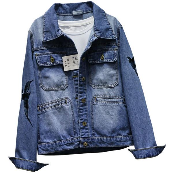 

women autumn new fashion turn down collar embroidered denim coat blue loose washed pocket jeans jacket, Black;brown