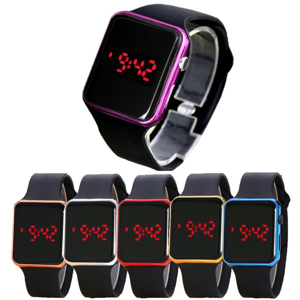 new square mirror face silicone band digital watch red led watches metal frame wristwatch sport clock
