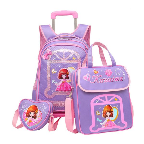 

3pcs sets girls trolley rolling backpack climb the stairs school bag children detachable waterproof backpack travel luggage