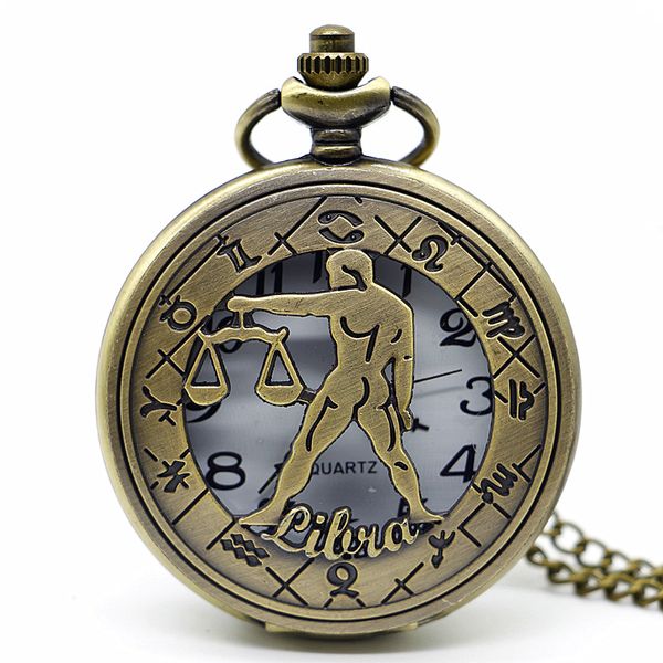 

antique bronze twelve constellations hollow steampunk pocket watch pendant necklace quartz fob watch gift clock pb531, Slivery;golden