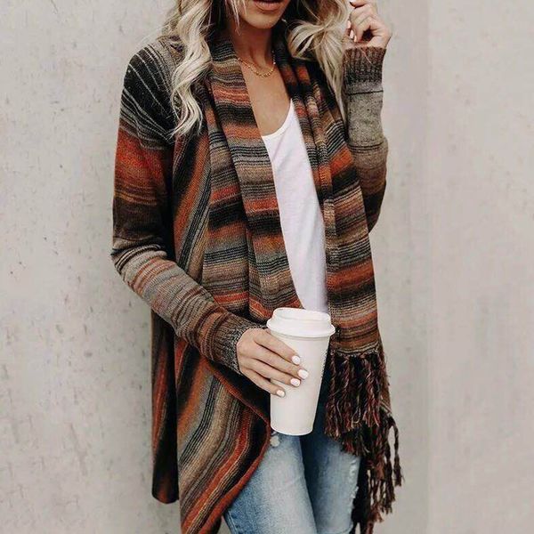 

2018 autumn cardigans women asymmetric tassels cape sweater korean fashion patchwork stripe loose long knitted outwear lp30, White;black