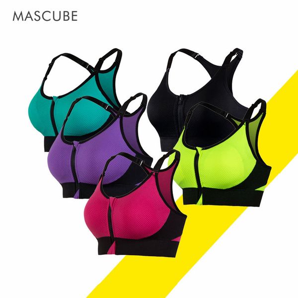 

mascube women front zipper fitness sports bra no rims push up running vest yoga bra tank workout lady training clothing, White;black