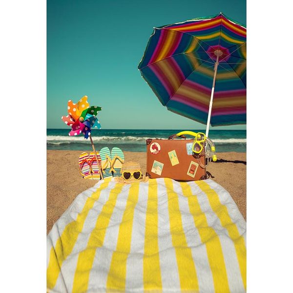 Sommerurlaub-Strandthema-Hintergrund für Fotografie, bedruckter Regenschirm-Koffer, buntes Windrad-Spielzeug, Baby- und Kinder-Fotohintergründe