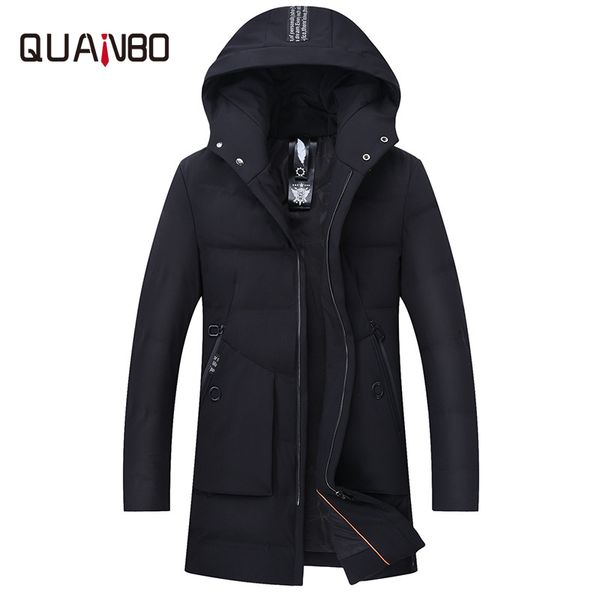 

90 white duck down] 18 winter men's long down jacket high-end menswear elastic slim hooded casual down jacket windproof, Black
