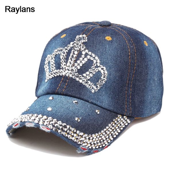 

raylans adjustable women lady rhinestone crystal baseball caps bling denim hats, Blue;gray