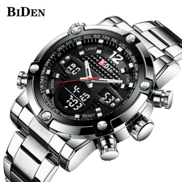 

biden sport watch for men double movement chronograph alarm lcd male clocks water resistant big wrist watches relogio masculino, Slivery;brown