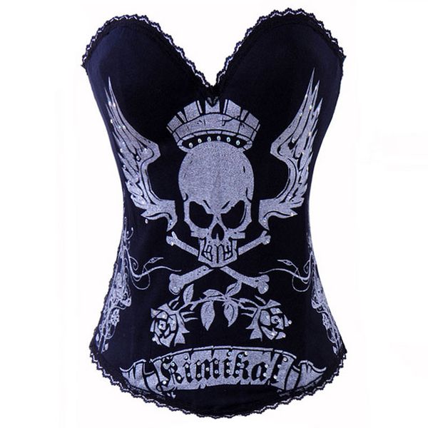 

skull print cotton corset gothic rave corset with straps push up corsets and bustiers burlesque costume punk corsage korset, Black;white
