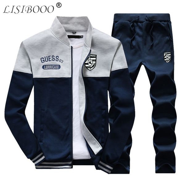 

lisibooo fashion tracksuit men sets 2018 spring winter casual sweatsuits 2 pcs jackets pants set sportwear suit men clothes 4xl, Gray