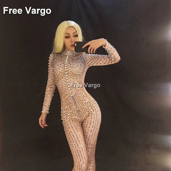 

bling jumpsuit sparkling crystals pearls stage bodysuit outfit wear women nightclub party dancer singer costume wear, Black;red
