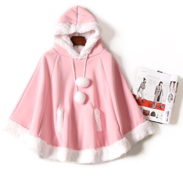 

spring new women kawaii cape japanese batwing sleeve cute girls hood harajuku cloak fleece fresh hoodies young girls students, Black