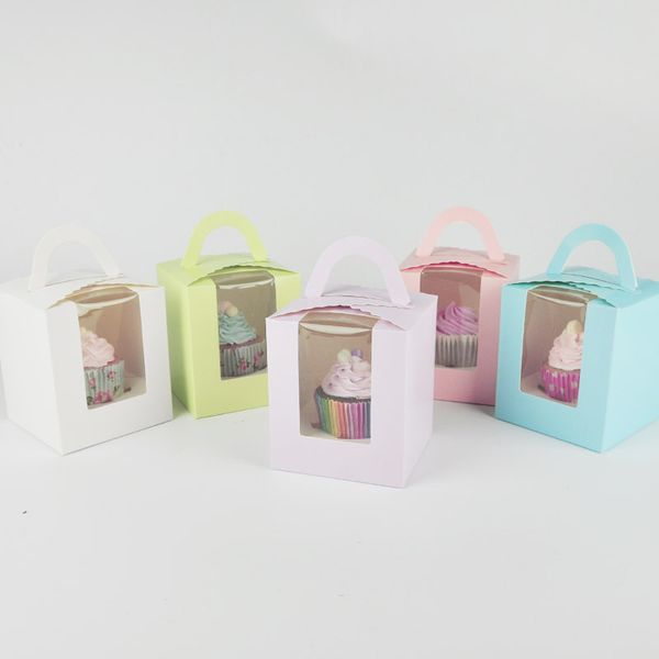 

5 colors single cupcake box with window & handle macaron box mousse cake box baking packaging