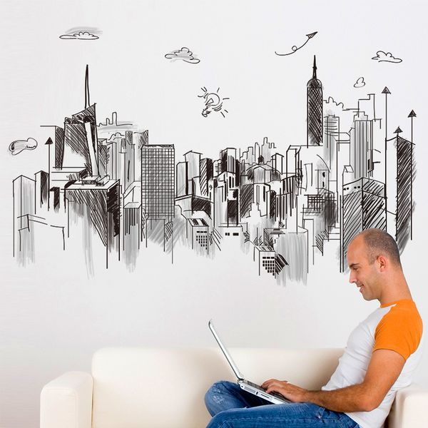 

shijuehezi] black color tall buildings wall stickers pvc material diy sketch mural art for living room office decoration