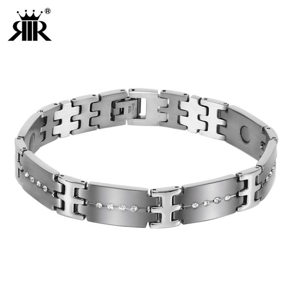 

rir simple crystal men bracelet silver stainless steel link energy men's bracelets for men friend gift jewelry, Black