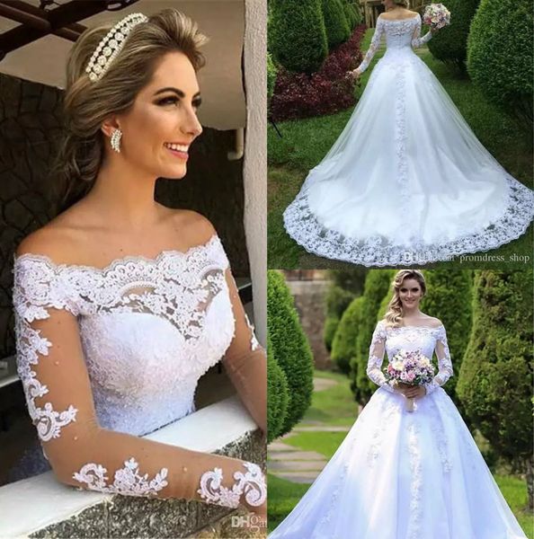 

2019 Свадебные платья Vestidos De Noiva Casamento Princess С плеча Прозрачное свадебное платье с длинным рукавом с бисером Арабский сад Свадебное платье