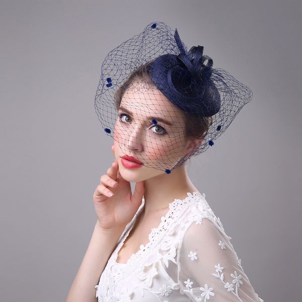 

100% handmade fedora womens hat cap fedoras dress fascinator linen felt pillbox hat party headwear wedding bow veil, Blue;gray