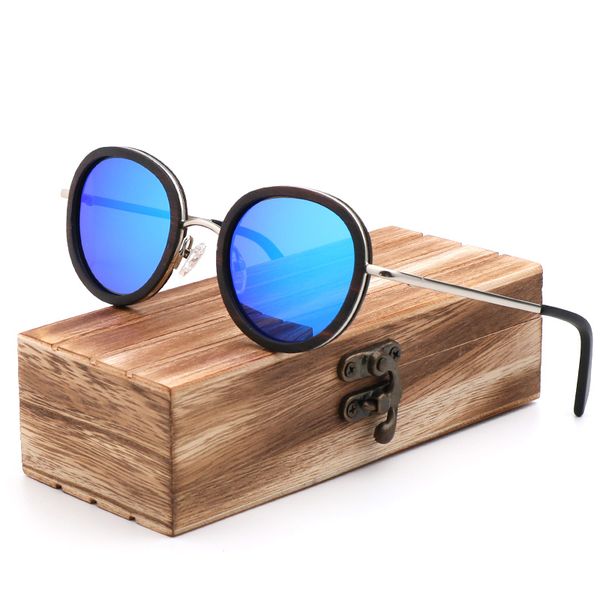 

fashion polarized women round sunglasses handmade ebony glasses blue lens eyewear wooden gift box gafas de sol, White;black
