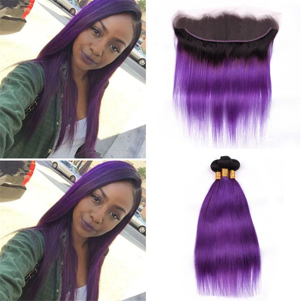 2019 Two Tone 1b Purple Ombre Straight Hair Bundles With Frontal Lace Closure Dark Roots Violet Ombre Human Hair Weaves With Lace Frontal From