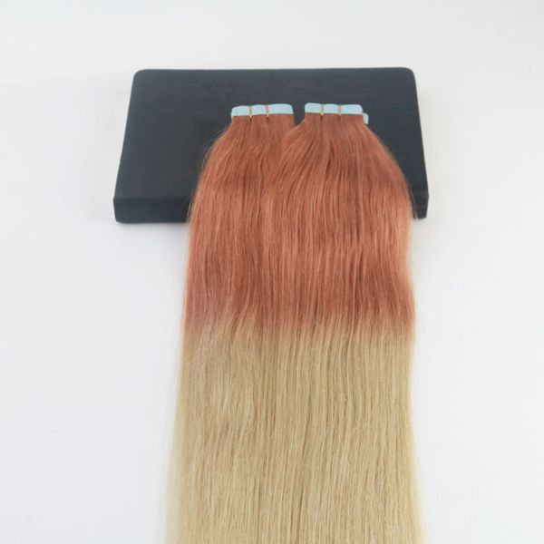 Tape-in-Haarverlängerungen, 35,6–61 cm, Ombre-Rot, verblasst zu Blond #613, brasilianisches Reny-Haar, komplettes Set, Hauteinschlag-Haarverlängerungen, 40 Stück, 100 g/Paket