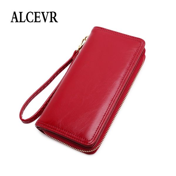 

alcevr solid color oil wax pu leather zipper wallets women simple style money purses cute sweet candy color ladies daily purse, Red;black